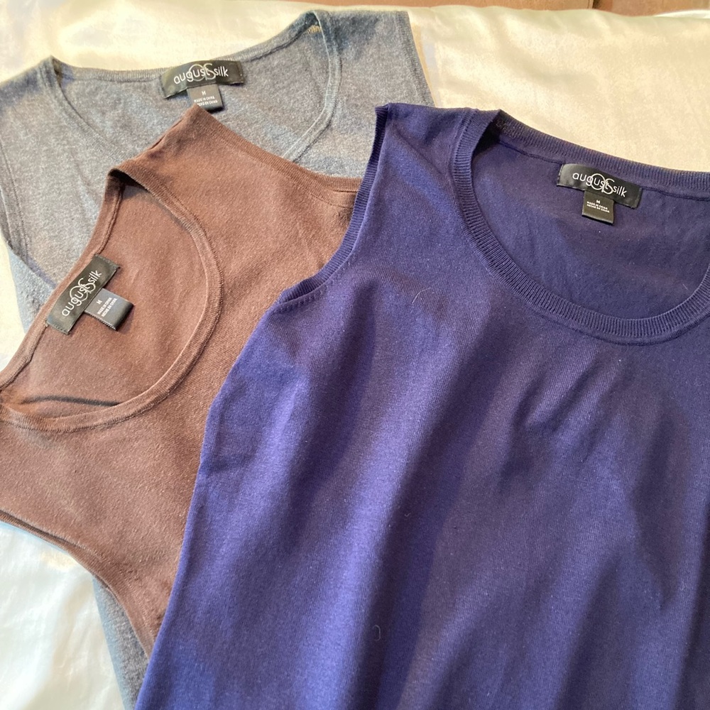 Three August Silk sleeveless Shell sweaters for $20! All Medium, all excellent!